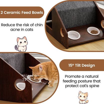 Modern Cat House with Feeder and Detachable Roof with 2 Bowels