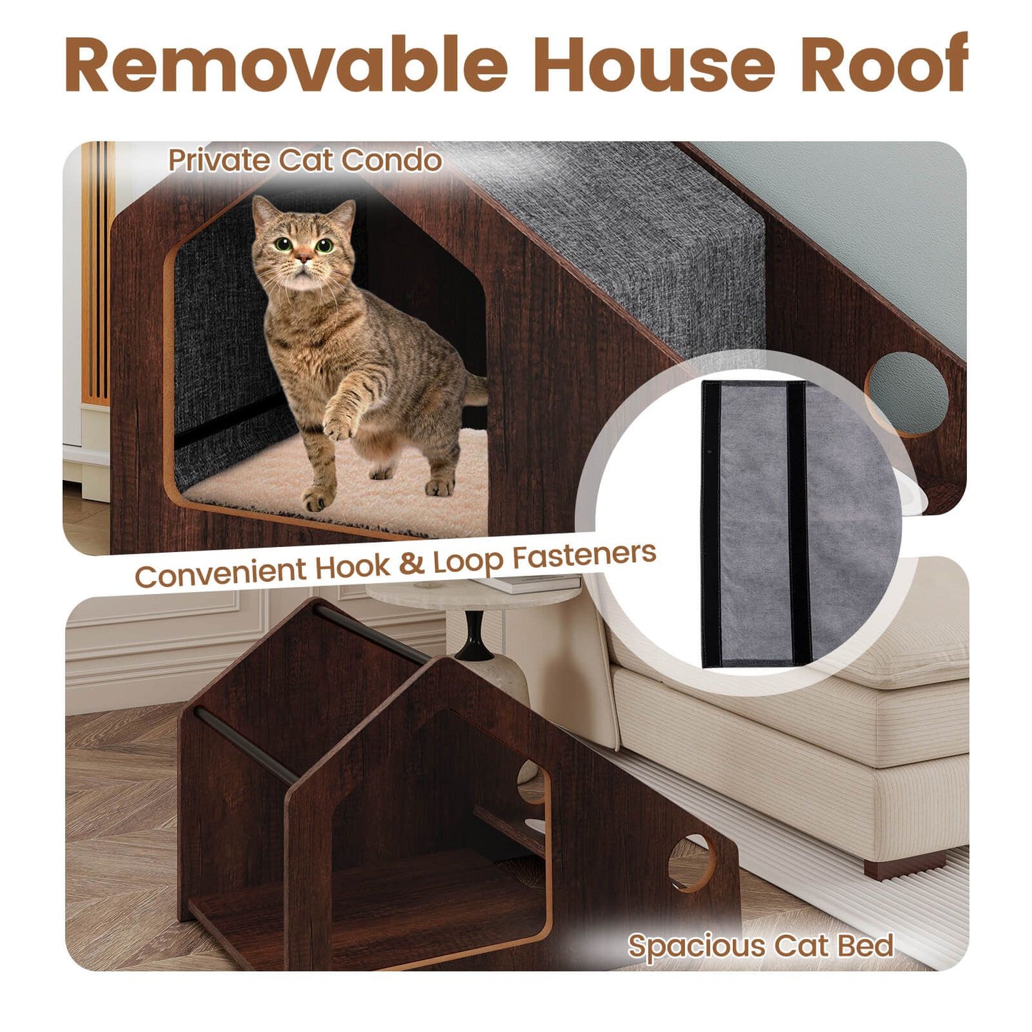Modern Cat House with Feeder and Detachable Roof with 2 Bowels
