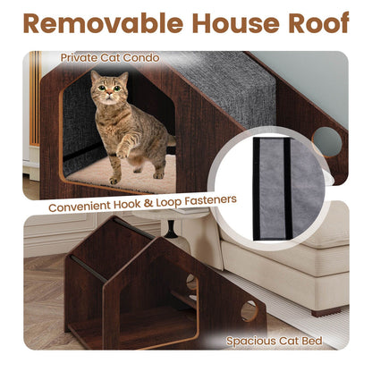 Modern Cat House with Feeder and Detachable Roof with 2 Bowels