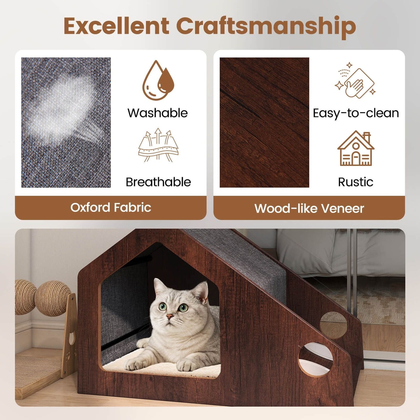 Modern Cat House with Feeder and Detachable Roof with 2 Bowels