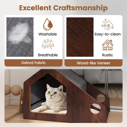 Modern Cat House with Feeder and Detachable Roof with 2 Bowels