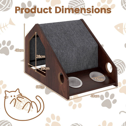 Modern Cat House with Feeder and Detachable Roof with 2 Bowels
