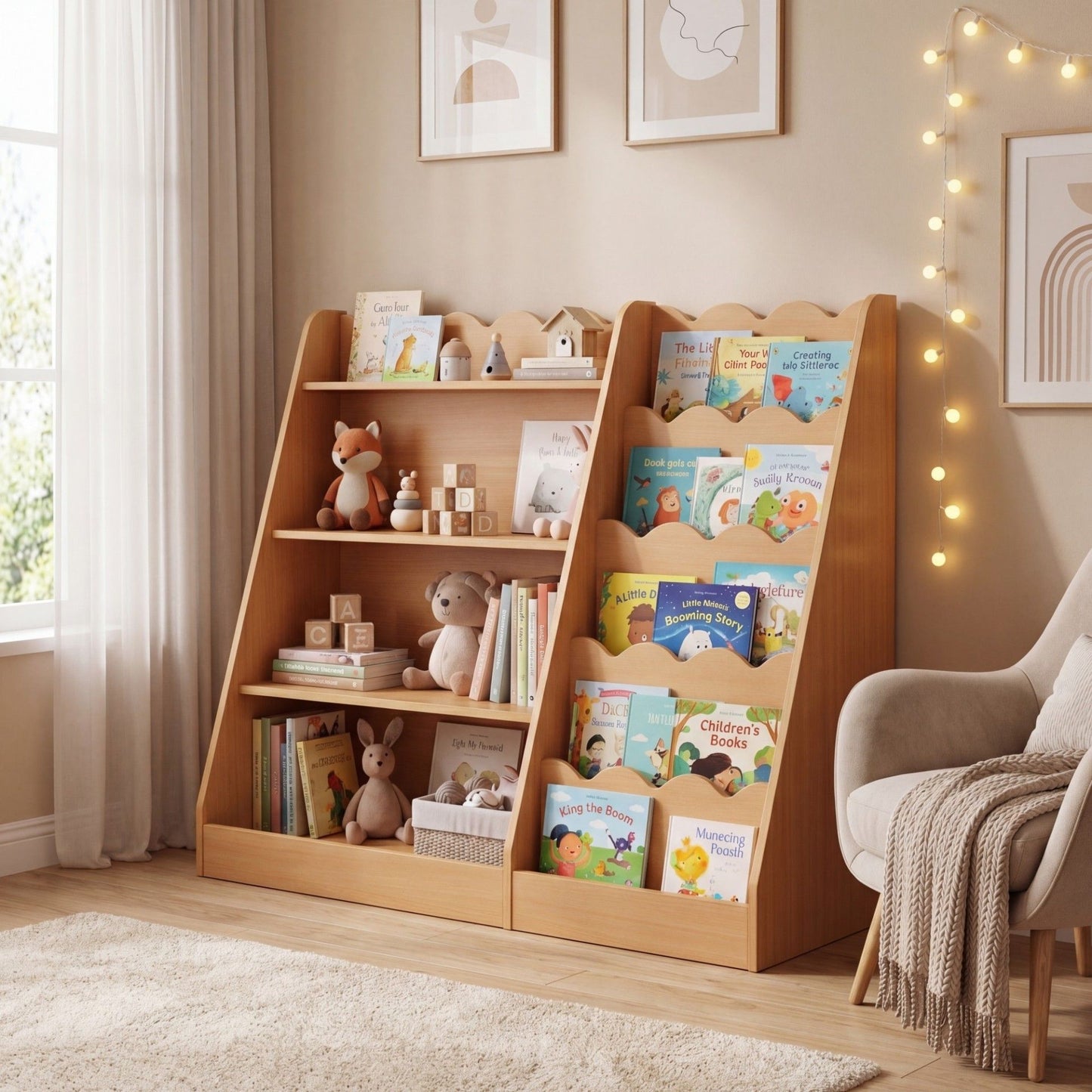 Montessori Kids Bookshelf with 5-Tier Scalloped Shelves for Nursery and Kids Room