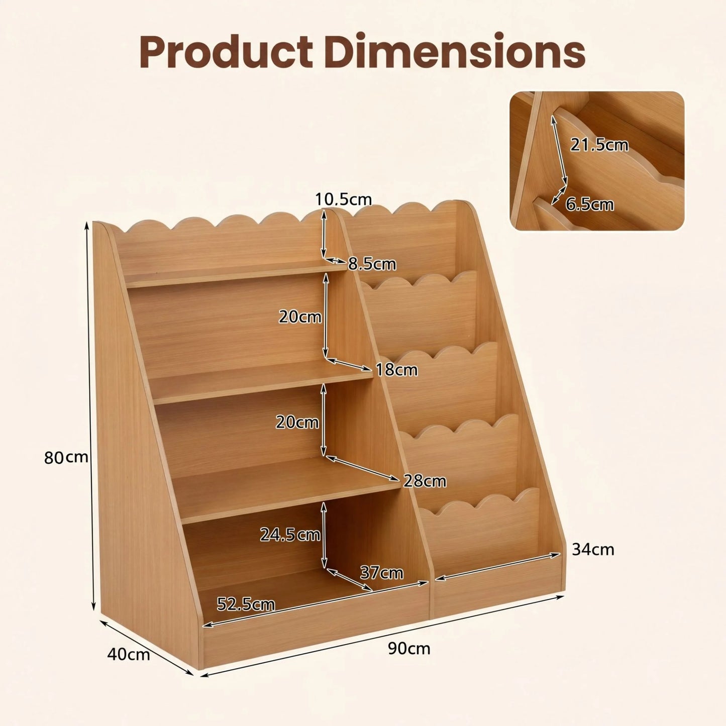 Montessori Kids Bookshelf with 5-Tier Scalloped Shelves for Nursery and Kids Room