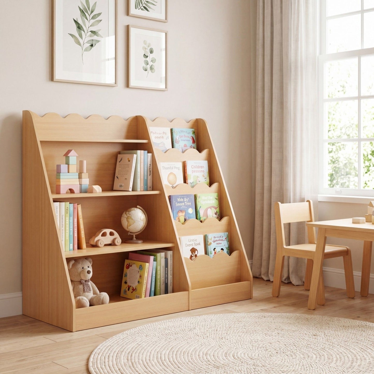 Montessori Kids Bookshelf with 5-Tier Scalloped Shelves for Nursery and Kids Room