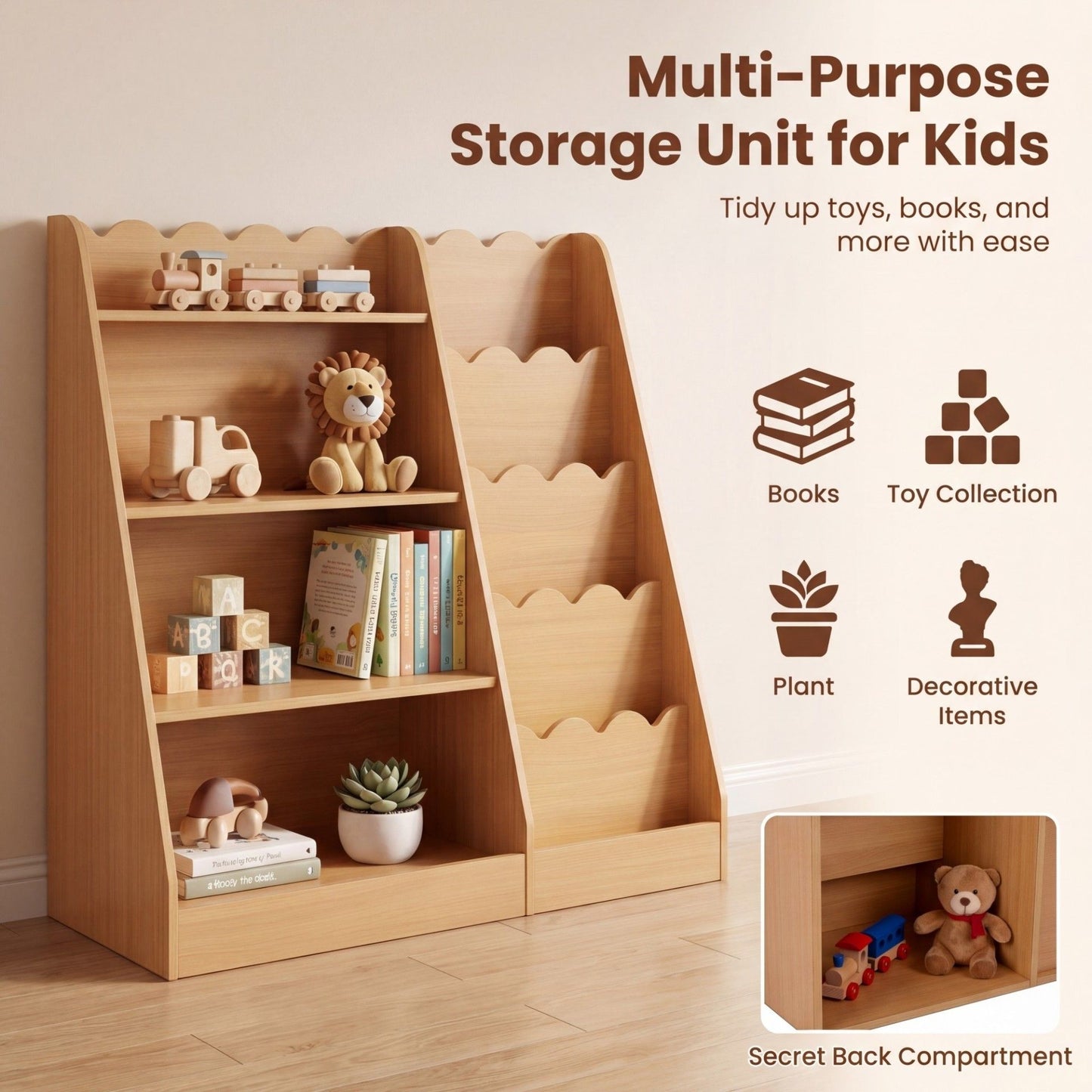 Montessori Kids Bookshelf with 5-Tier Scalloped Shelves for Nursery and Kids Room