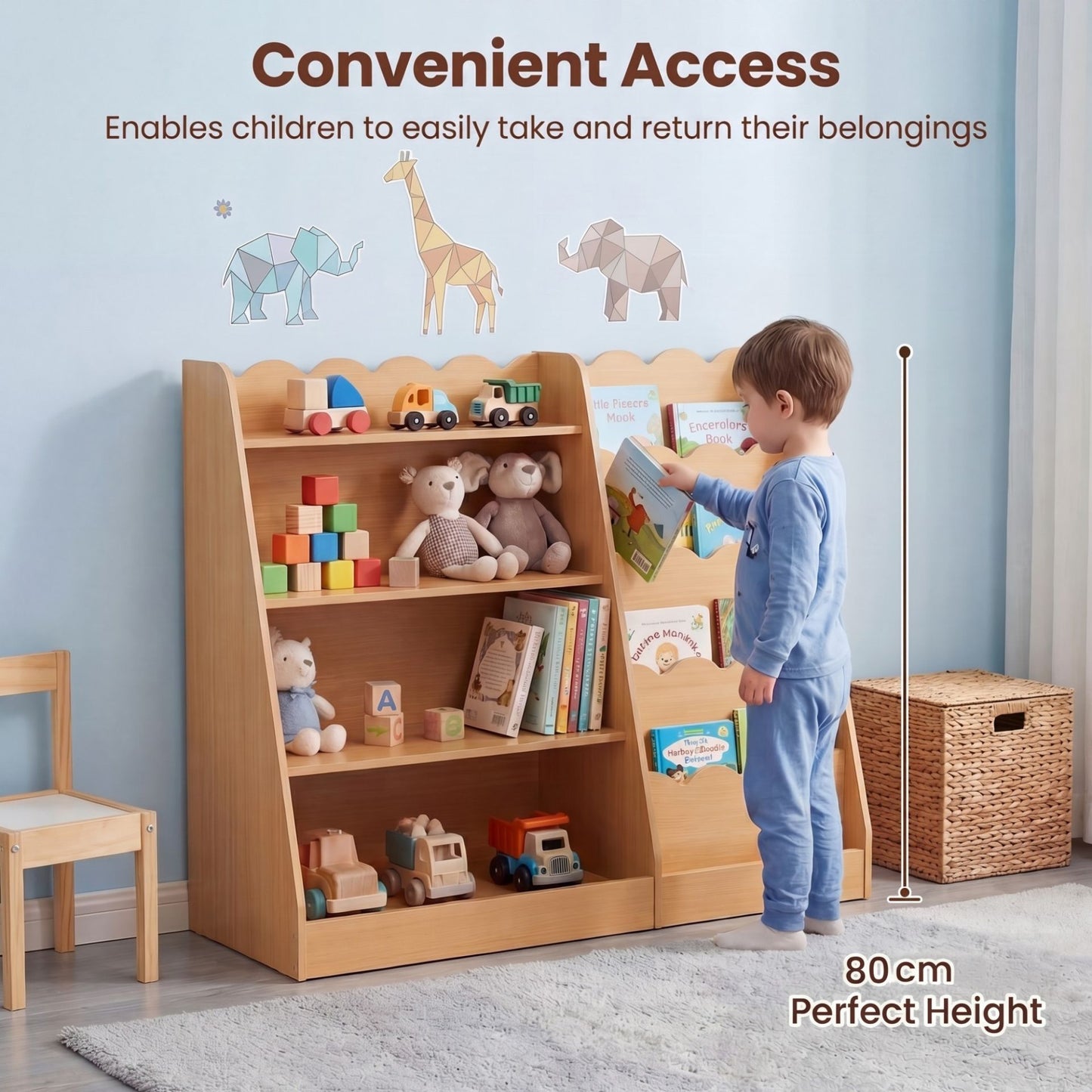 Montessori Kids Bookshelf with 5-Tier Scalloped Shelves for Nursery and Kids Room