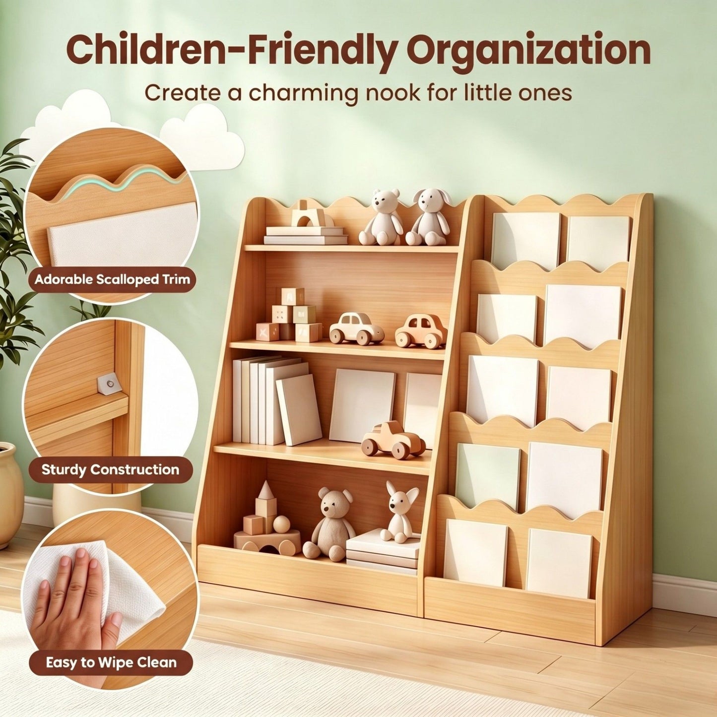 Montessori Kids Bookshelf with 5-Tier Scalloped Shelves for Nursery and Kids Room