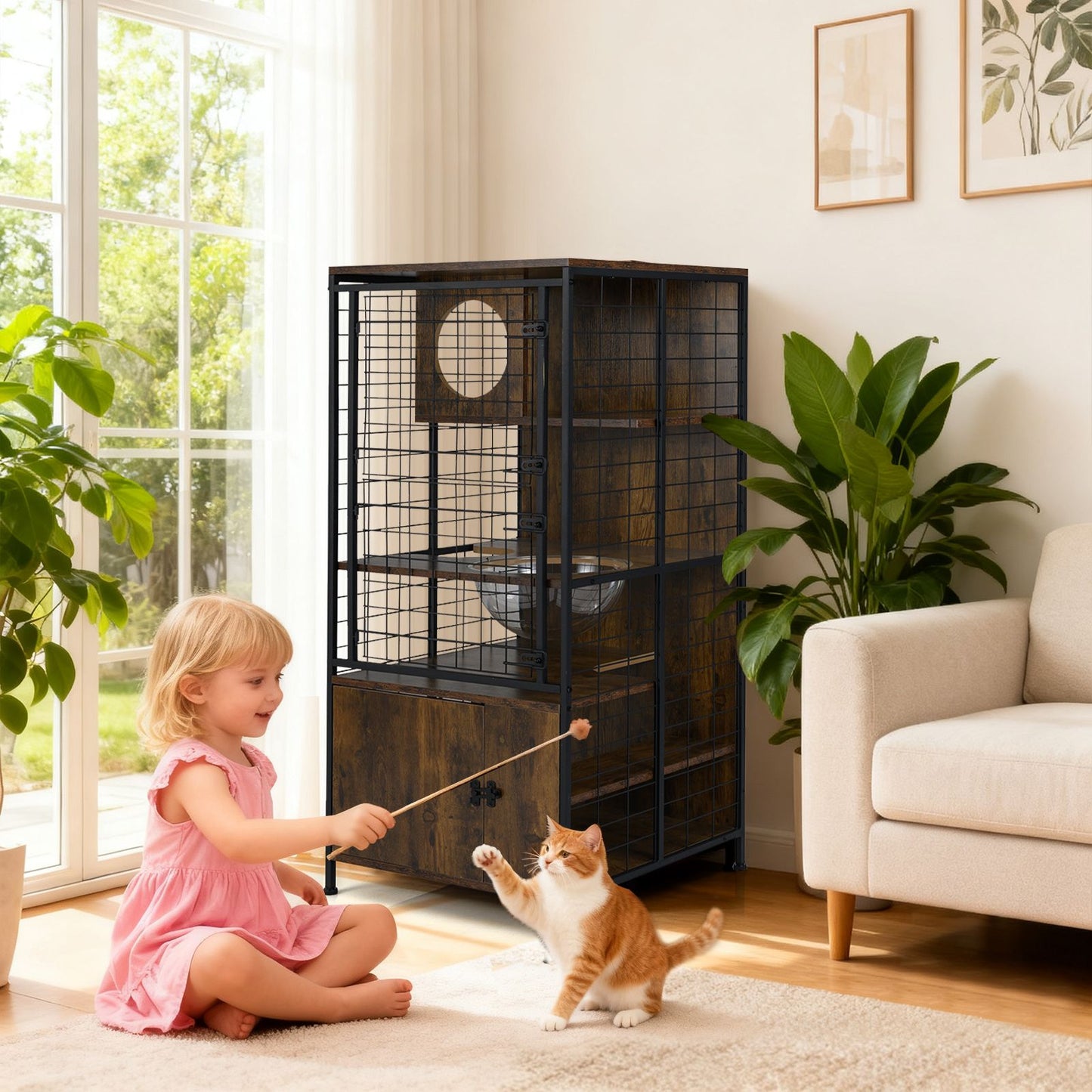 Multi-level Cat Cabinet Cage Metal Frame with Cat Bowel and Cabinet