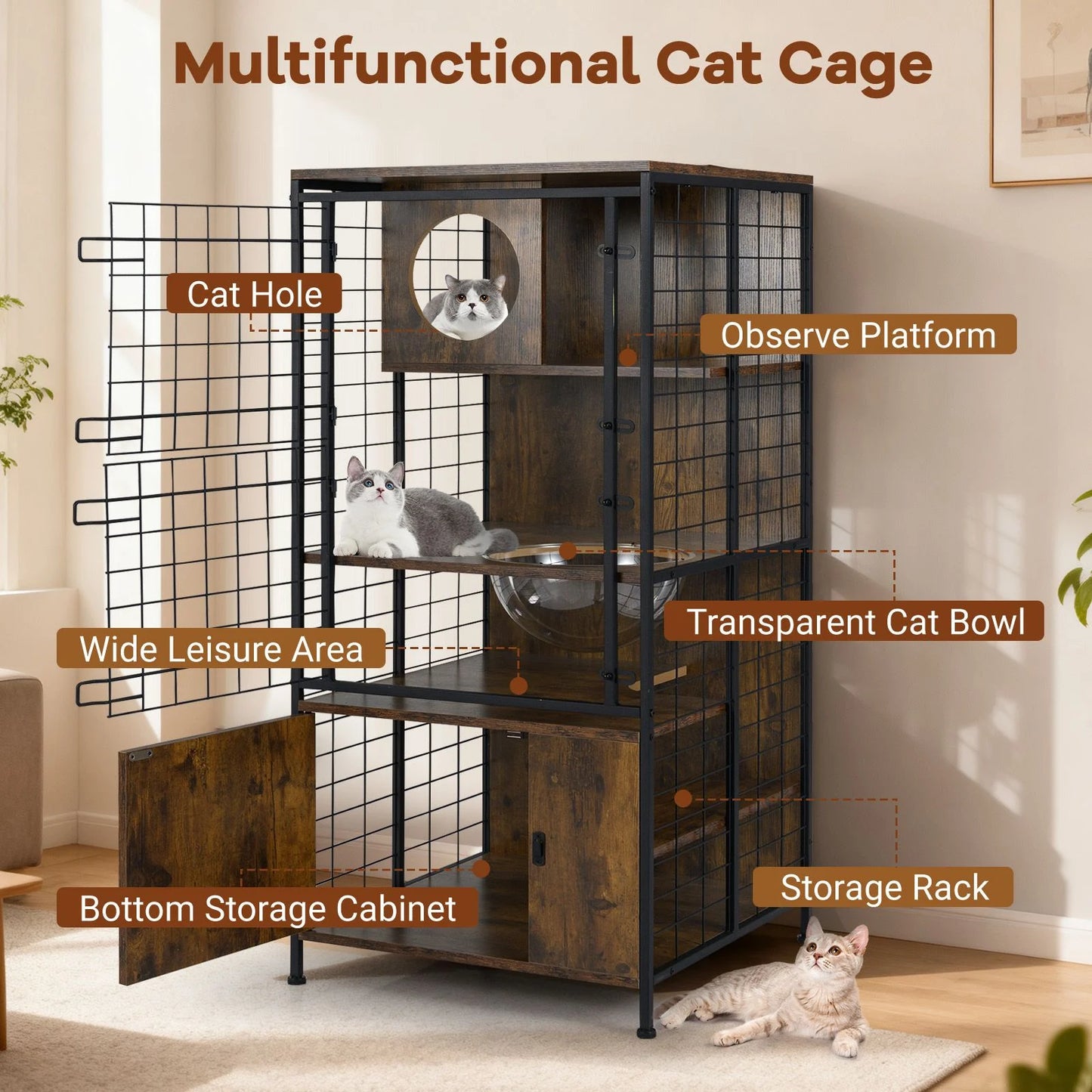 Multi-level Cat Cabinet Cage Metal Frame with Cat Bowel and Cabinet