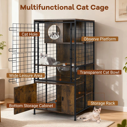 Multi-level Cat Cabinet Cage Metal Frame with Cat Bowel and Cabinet