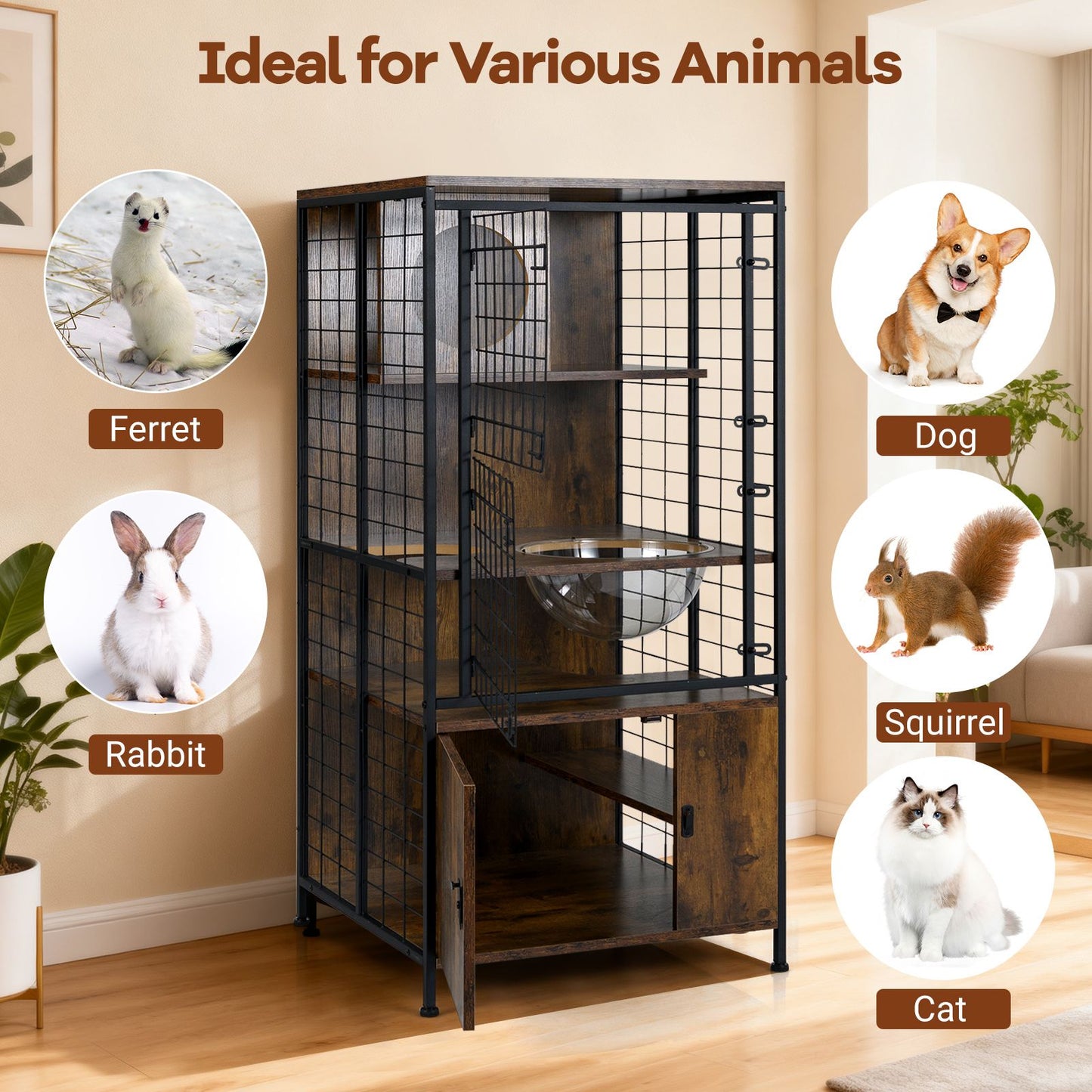 Multi-level Cat Cabinet Cage Metal Frame with Cat Bowel and Cabinet