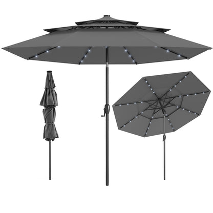 3M 3-Tier Heavy Duty 8-Ribs Solar Patio Umbrella with 32 LED Lights