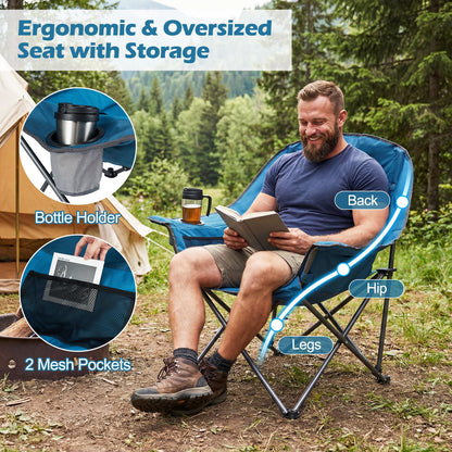 225 KG Heavy-Duty Metal Folding Upholstered Oxford Chair with Side Pockets and Cup Holder