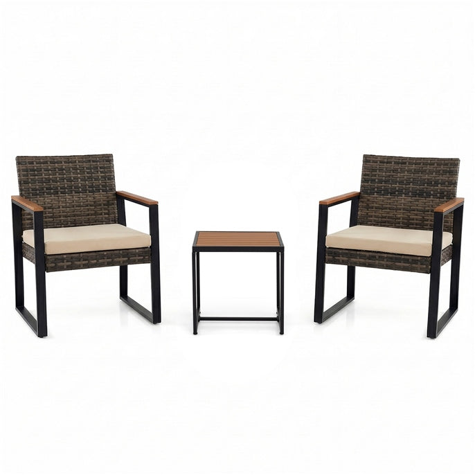 3 Pieces Patio Rattan Bistro Set, PE Wicker Garden Furniture Set with Soft Cushion and Side Table