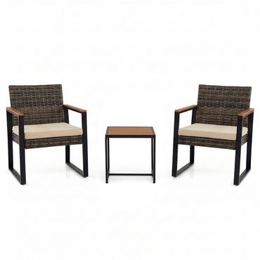 3 Pieces Patio Rattan Bistro Set, PE Wicker Garden Furniture Set with Soft Cushion and Side Table