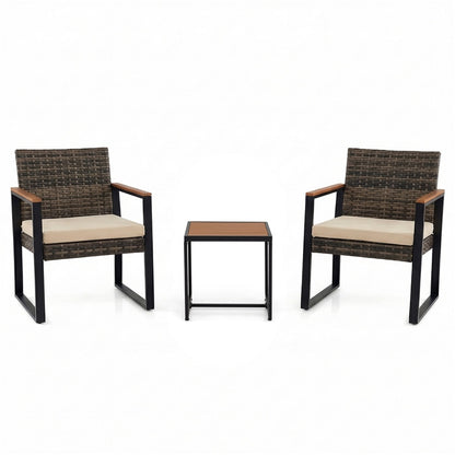 3 Pieces Patio Rattan Bistro Set, PE Wicker Garden Furniture Set with Soft Cushion and Side Table