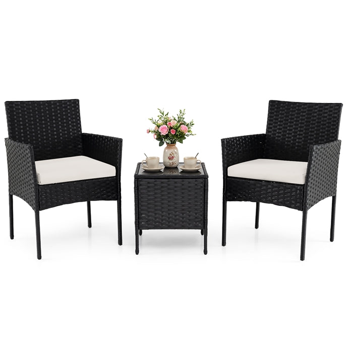 3-Piece Patio Bistro Set, PE Rattan Furniture Set with Soft Cushions & Tempered Glass Top Table