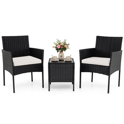 3-Piece Patio Bistro Set, PE Rattan Furniture Set with Soft Cushions & Tempered Glass Top Table