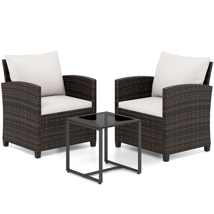 3 Pieces PE Rattan Wicker Outdoor Bistro Conversation Set with Soft Cushions and Tempered Glass Coffee Table