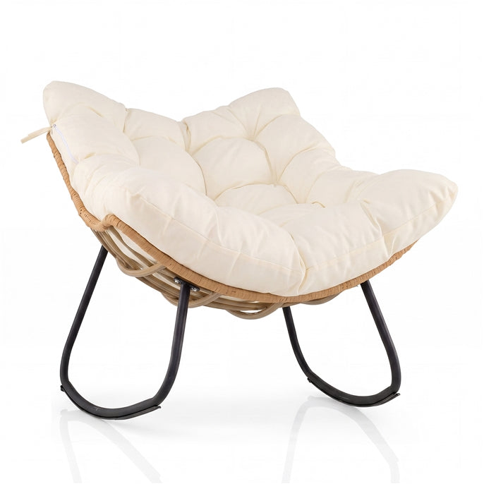 Outdoor Rocking Chair, Oversized Patio Wicker Egg Chair with Thick and Removable Cushion