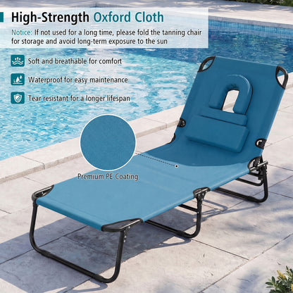 Folding Sun Lounger, 5-Position Adjustable Reclining Tanning Chair