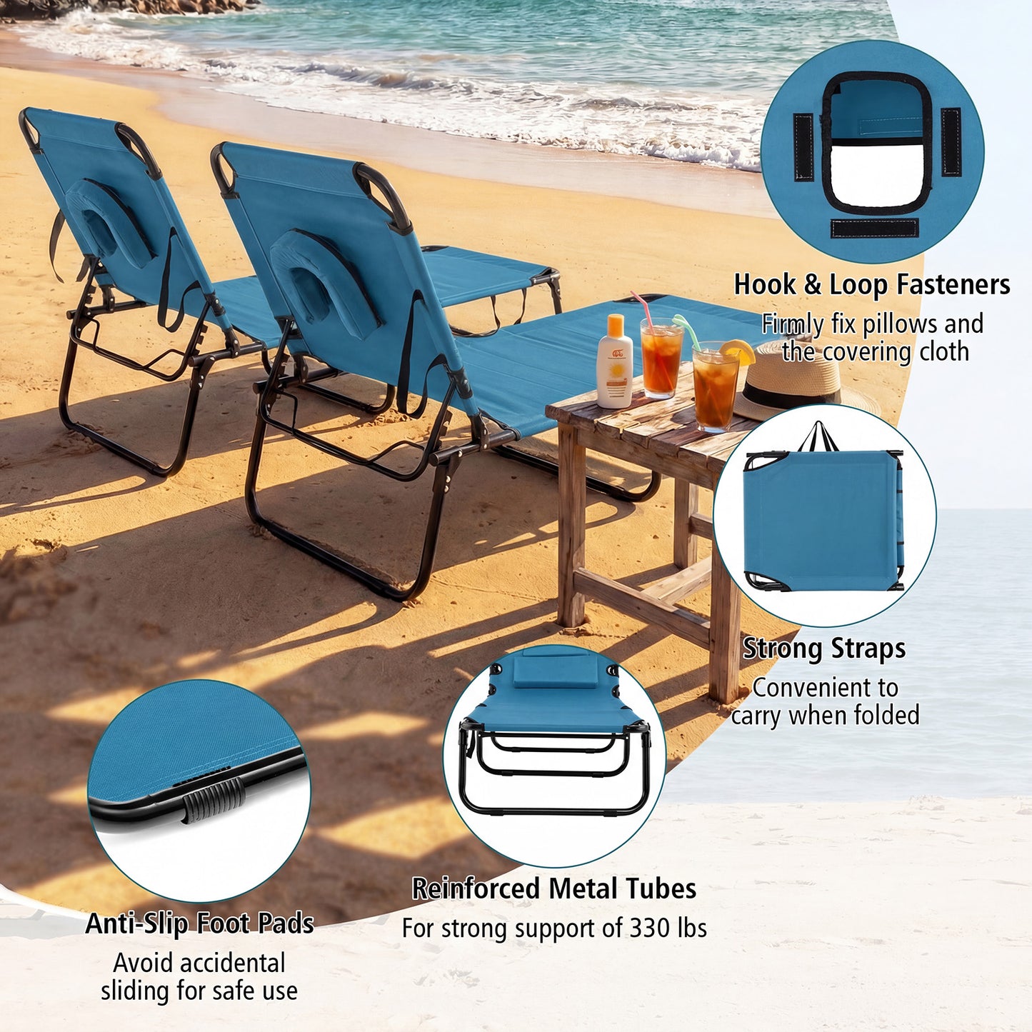 Folding Sun Lounger, 5-Position Adjustable Reclining Tanning Chair