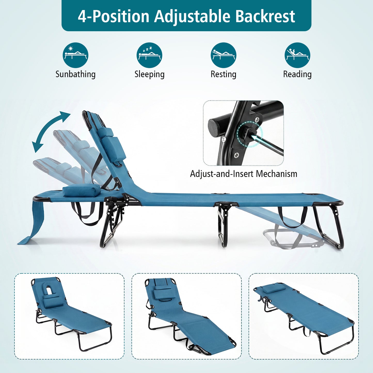 Folding Sun Lounger, 5-Position Adjustable Reclining Tanning Chair