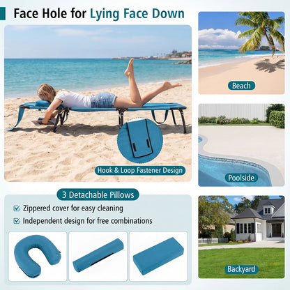 Folding Sun Lounger, 5-Position Adjustable Reclining Tanning Chair