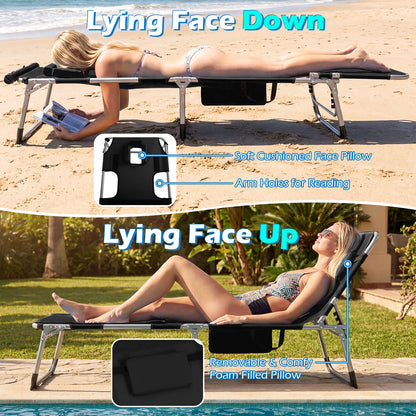 Folding Sun Lounger, 5-Position Adjustable Garden Sunbed with Face Hole