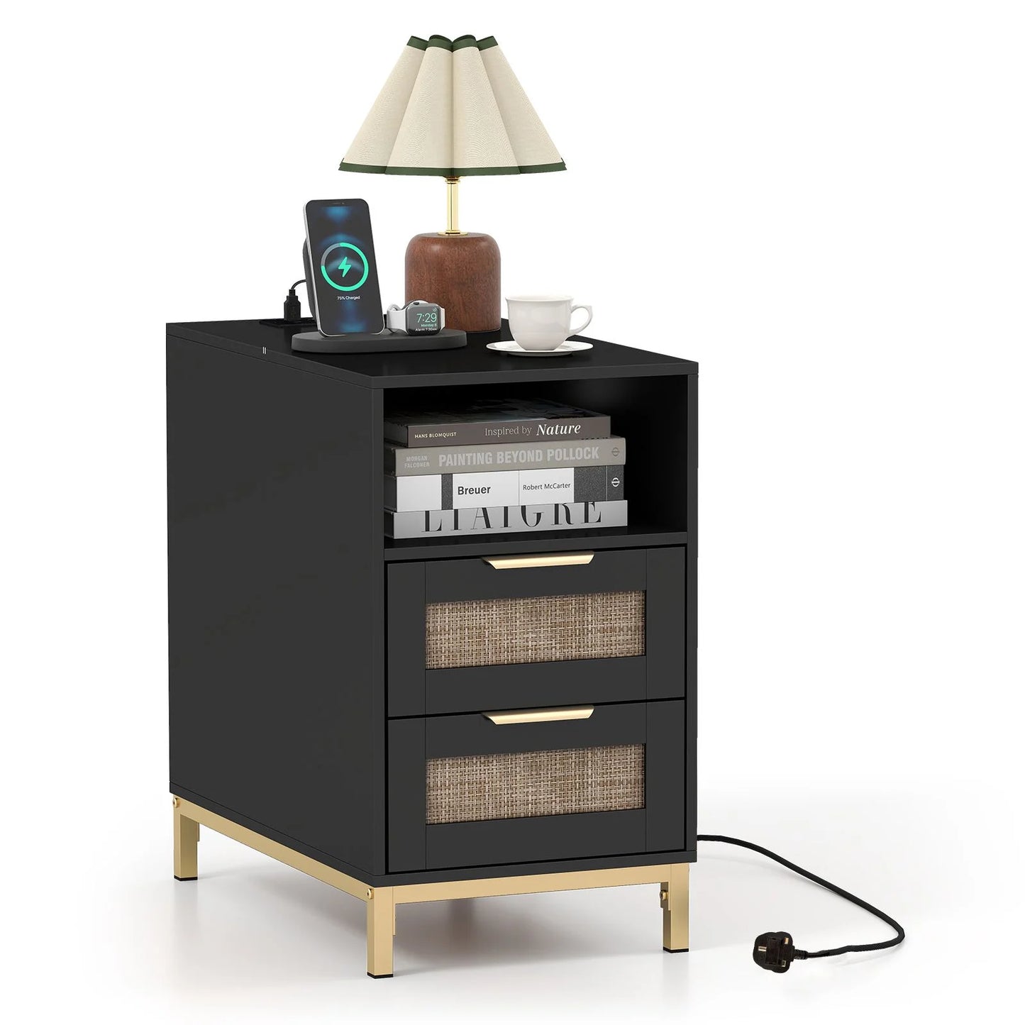 Narrow End Table with Charging Station and 2 Drawers for Bedroom