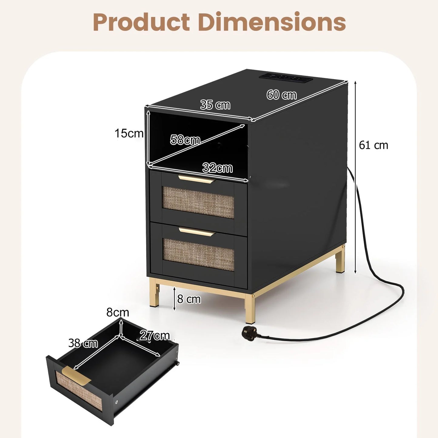 Narrow End Table with Charging Station and 2 Drawers for Bedroom