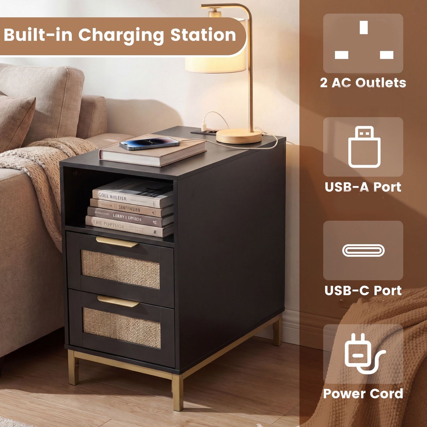 Narrow End Table with Charging Station and 2 Drawers for Bedroom