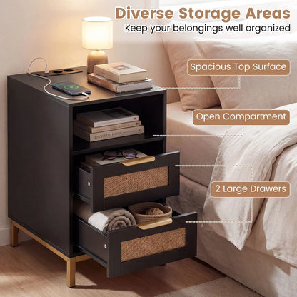 Narrow End Table with Charging Station and 2 Drawers for Bedroom