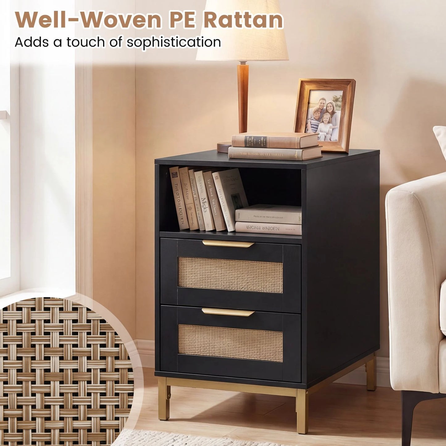 Narrow End Table with Charging Station and 2 Drawers for Bedroom