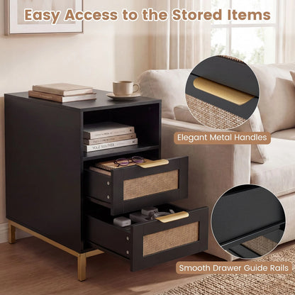 Narrow End Table with Charging Station and 2 Drawers for Bedroom