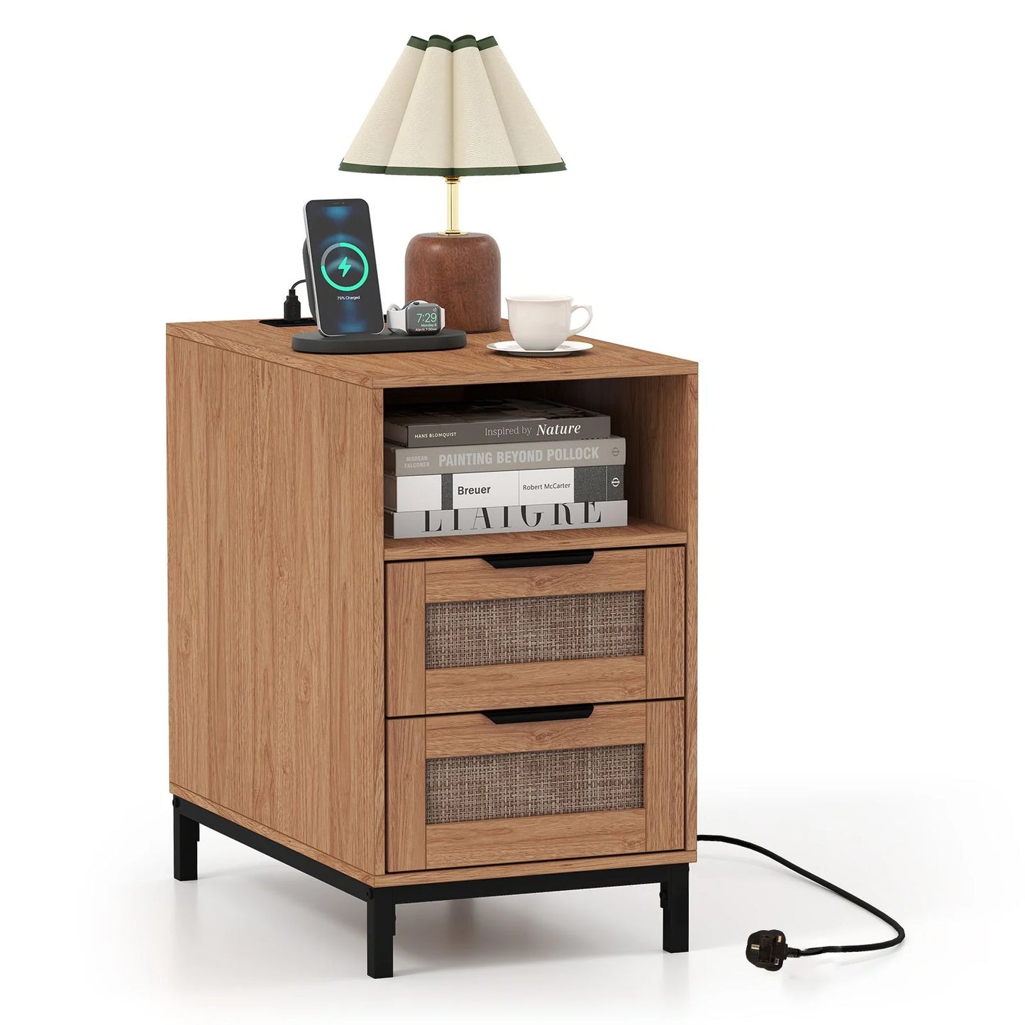 Narrow End Table with Charging Station and 2 Drawers for Bedroom