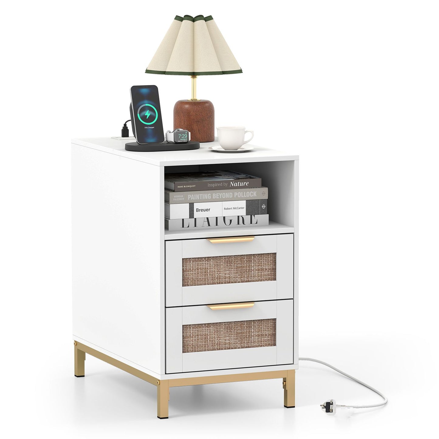 Narrow End Table with Charging Station and 2 Drawers for Bedroom