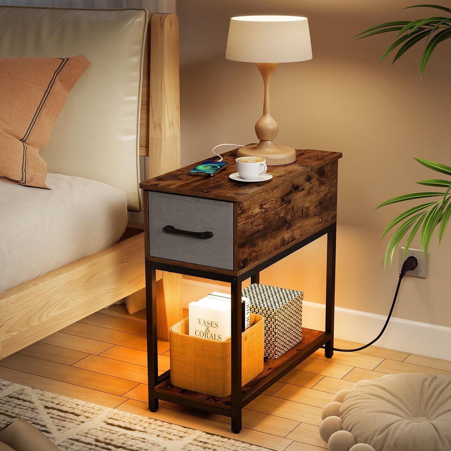 Narrow Side Table with Charging Station and LED Lights for Small Spaces