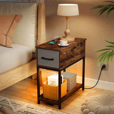Narrow Side Table with Charging Station and LED Lights for Small Spaces