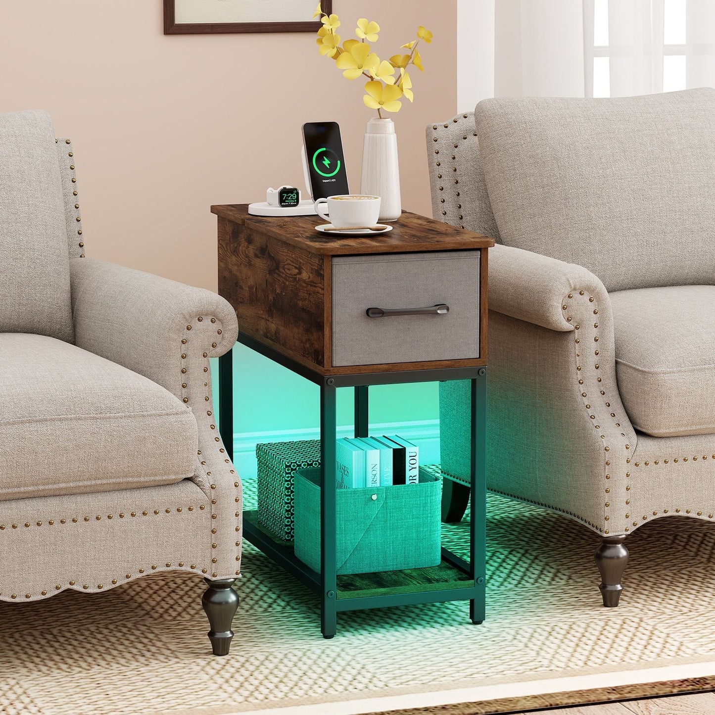 Narrow Side Table with Charging Station and LED Lights for Small Spaces