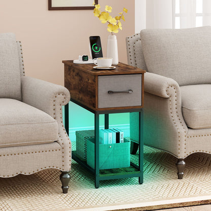 Narrow Side Table with Charging Station and LED Lights for Small Spaces
