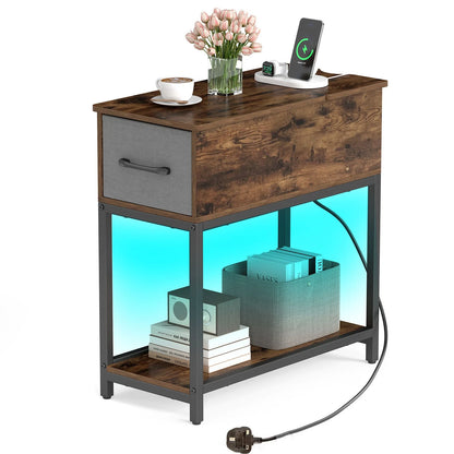 Narrow Side Table with Charging Station and LED Lights for Small Spaces