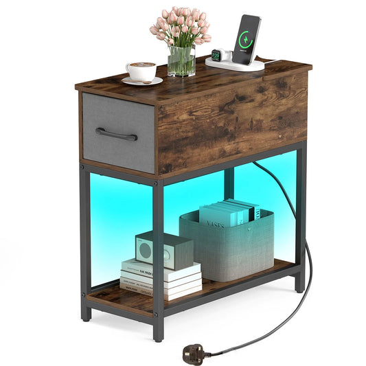 Narrow Side Table with Charging Station and LED Lights for Small Spaces