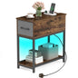 Narrow Side Table with Charging Station and LED Lights for Small Spaces