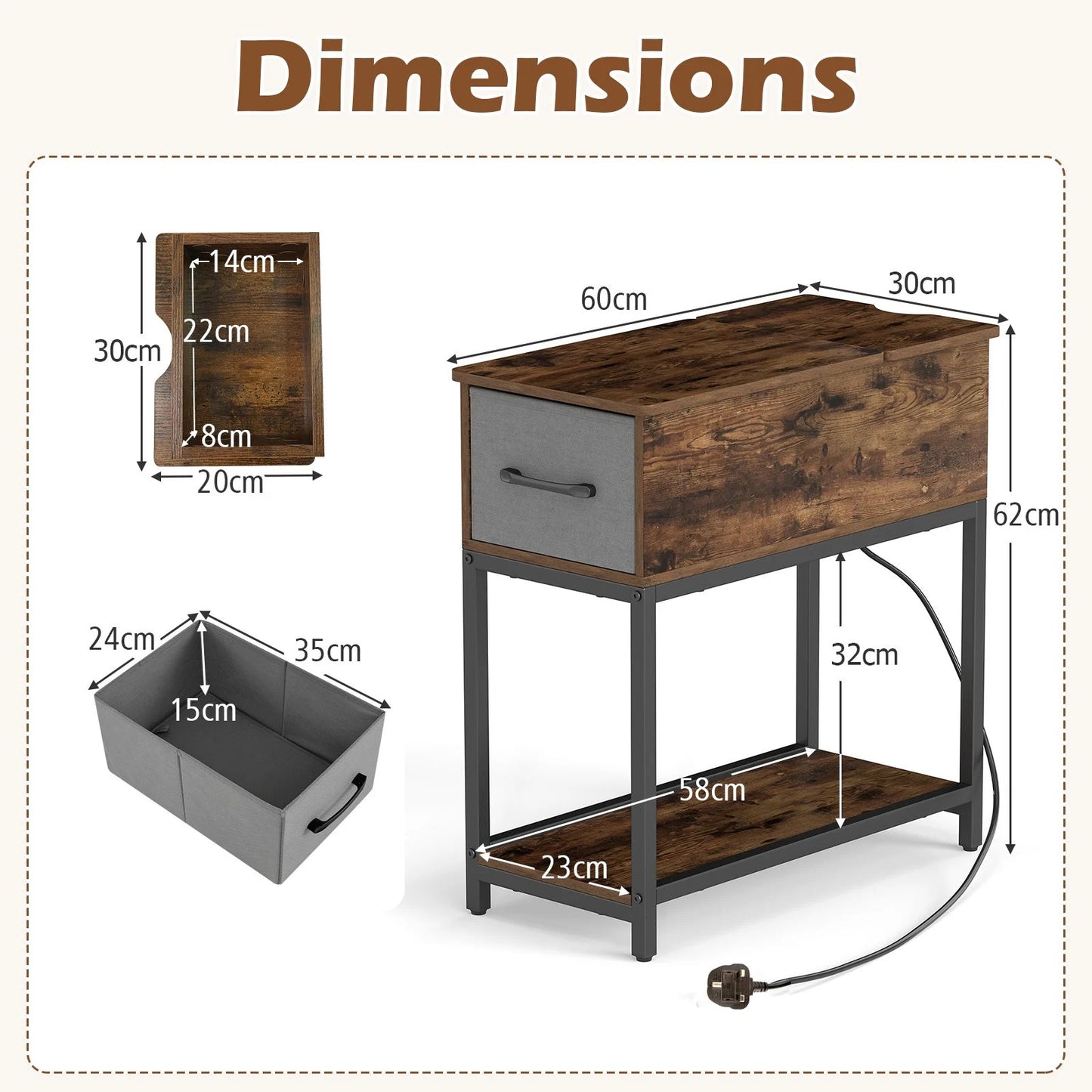 Narrow Side Table with Charging Station and LED Lights for Small Spaces