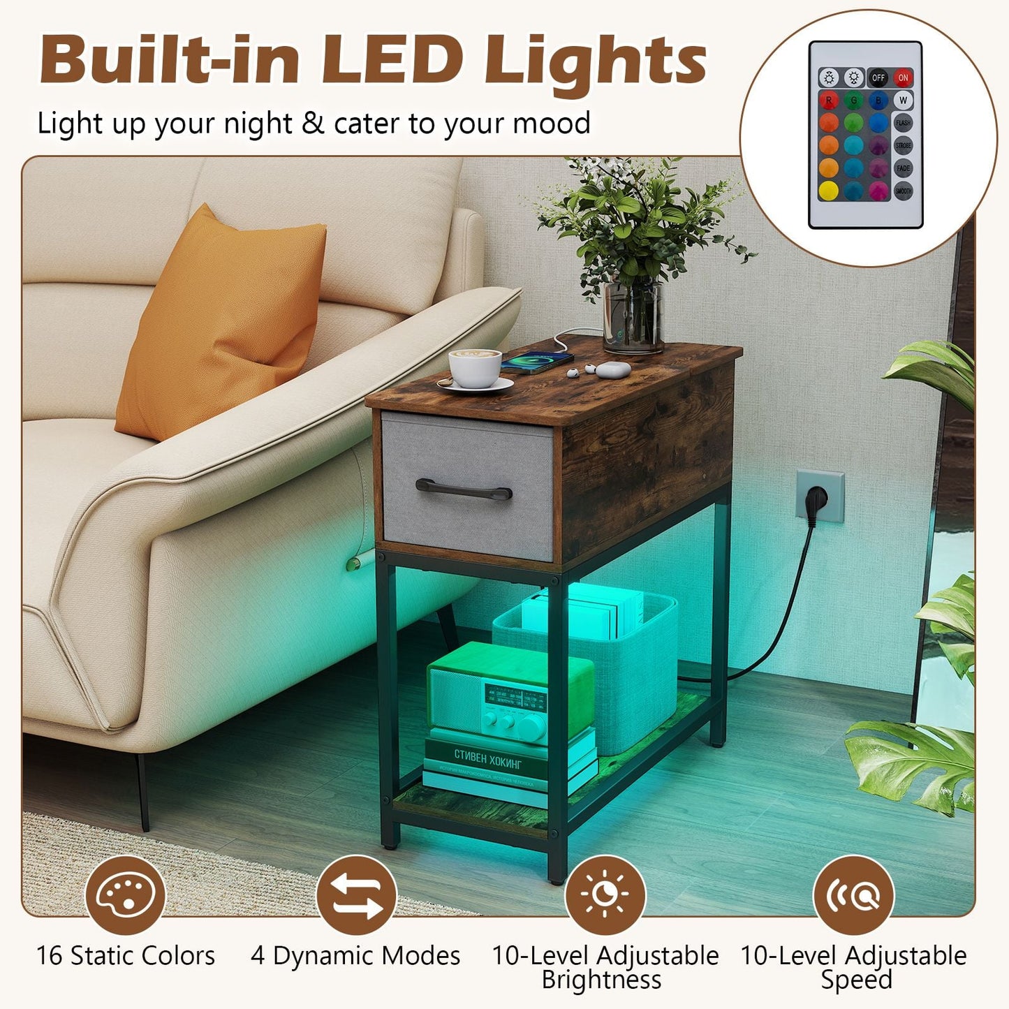 Narrow Side Table with Charging Station and LED Lights for Small Spaces
