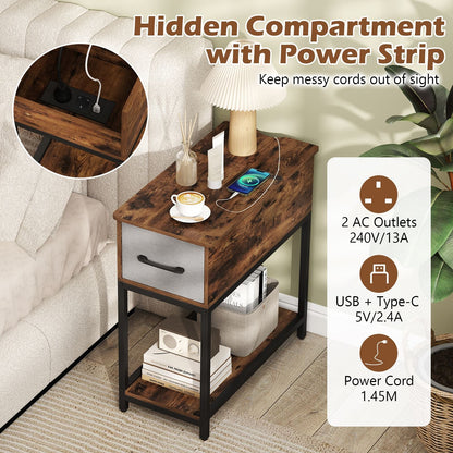 Narrow Side Table with Charging Station and LED Lights for Small Spaces