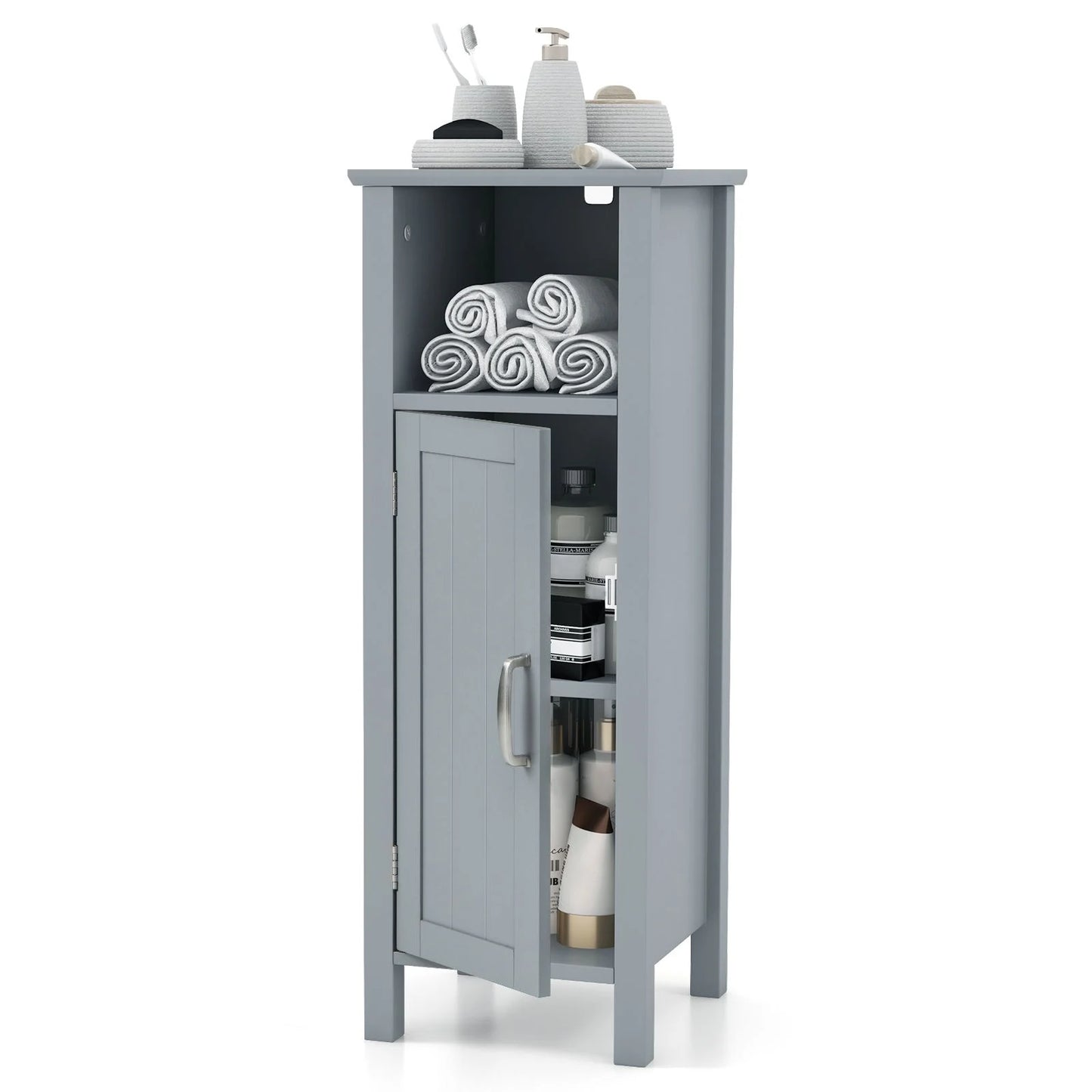 Freestanding Narrow Bathroom Storage Organizer Rack Stand with Door and Adjustable Shelf