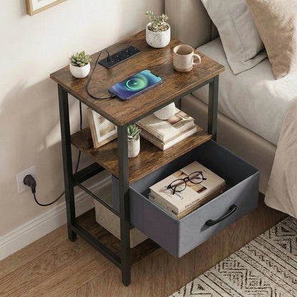 Nightstand Bedside Table with Charging Station and Drawer